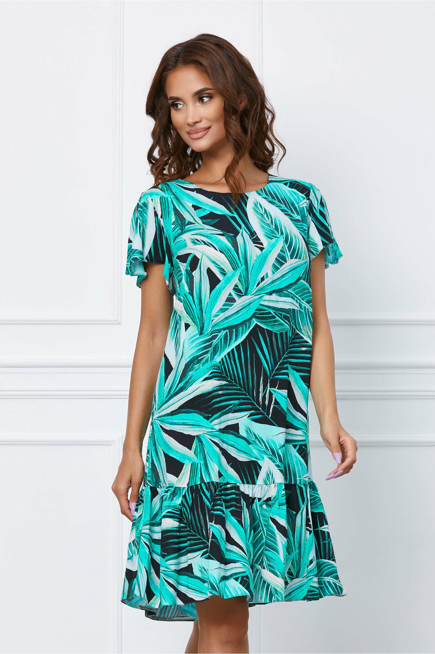 Rochie Dora cu imprimeu exotic verde