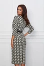 Rochie Dora ivory cu imprimeuri negre si curea in talie