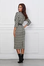 Rochie Dora ivory cu imprimeuri negre si curea in talie
