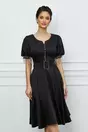 Rochie Dora neagra din satin cu franjuri la maneci si curea in talie