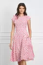 Rochie Dy Fashion alba cu buline fucsia cu funda si nasturi