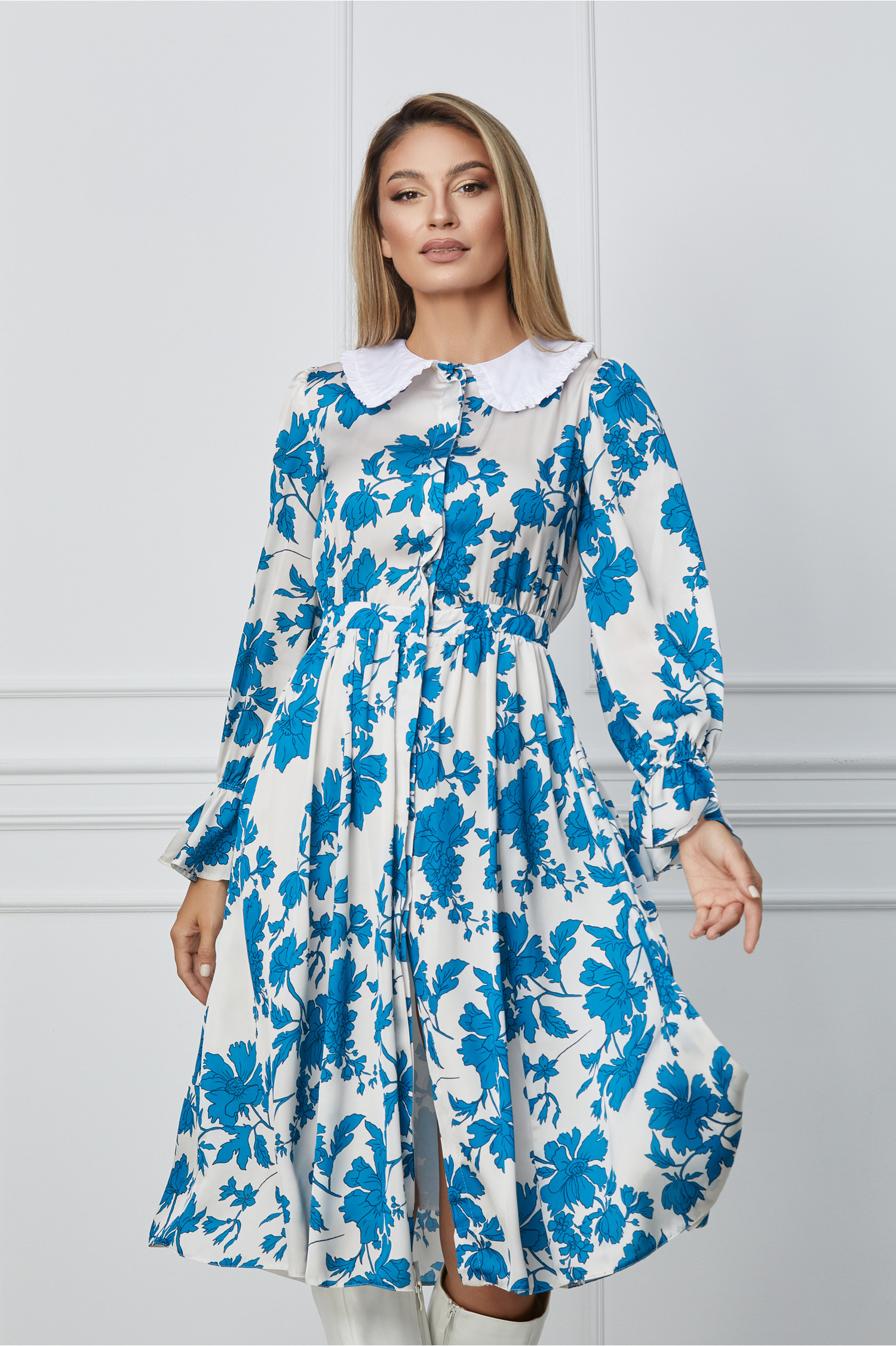 Rochie de zi Dy Fashion alba cu imprimeu albastru si guler alb