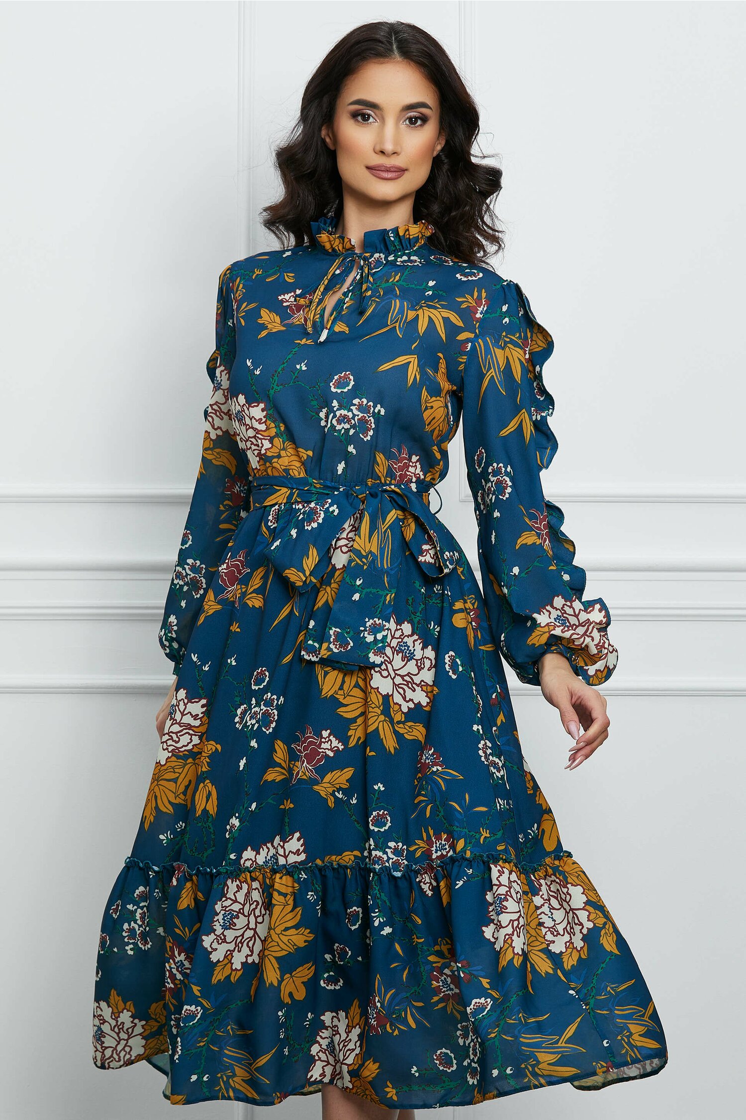 Rochie Dy Fashion albastra cu imprimeu galben si cordon in talie
