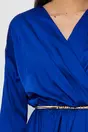 Rochie Dy Fashion albastra din satin cu elastic si curea in talie