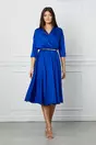 Rochie Dy Fashion albastra din satin cu elastic si curea in talie