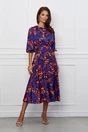 Rochie Dy Fashion albastra din satin cu imprimeu orange si pliuri la bust