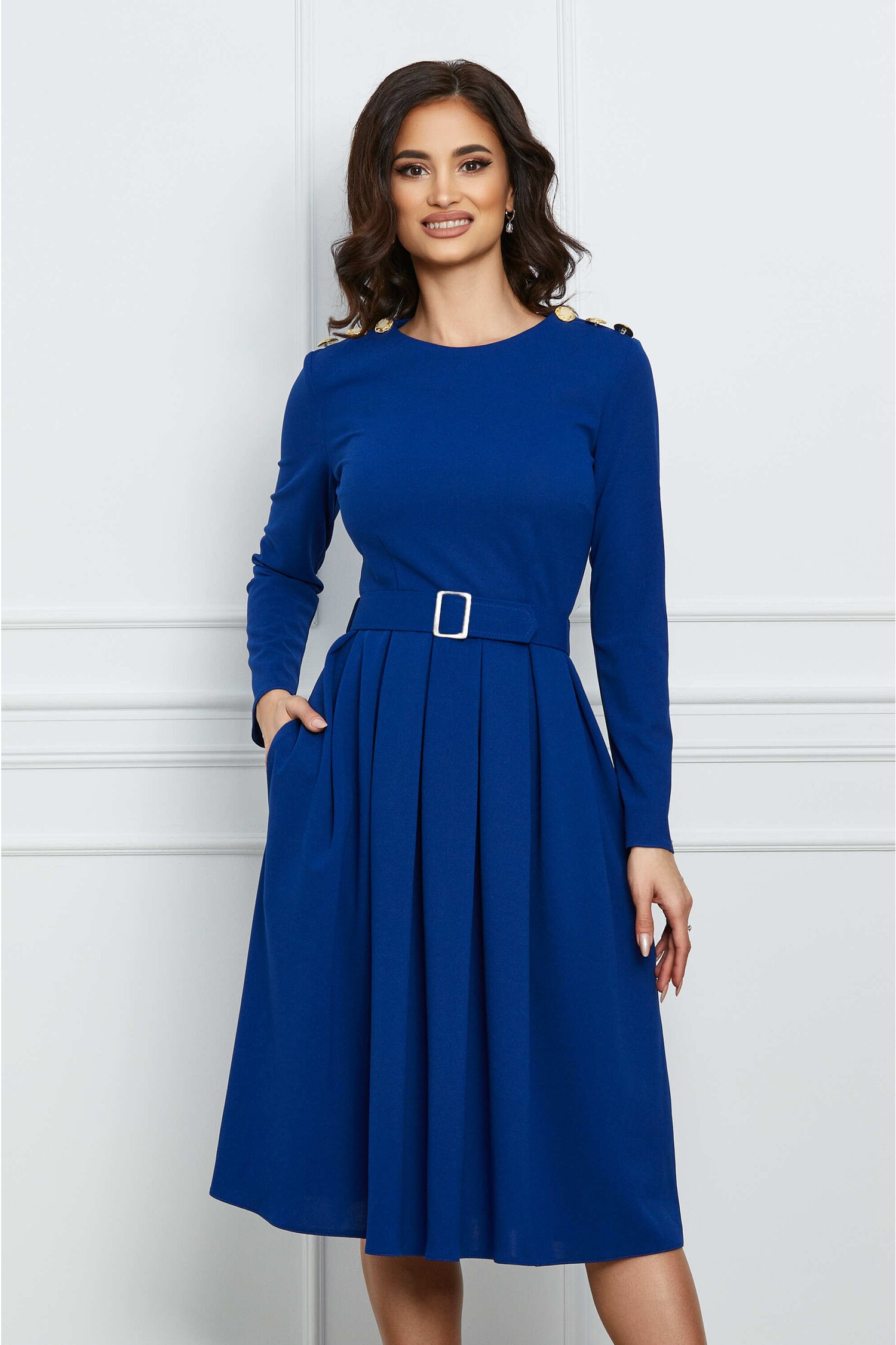 Rochie eleganta albastru royal cu pliuri si curea in talie