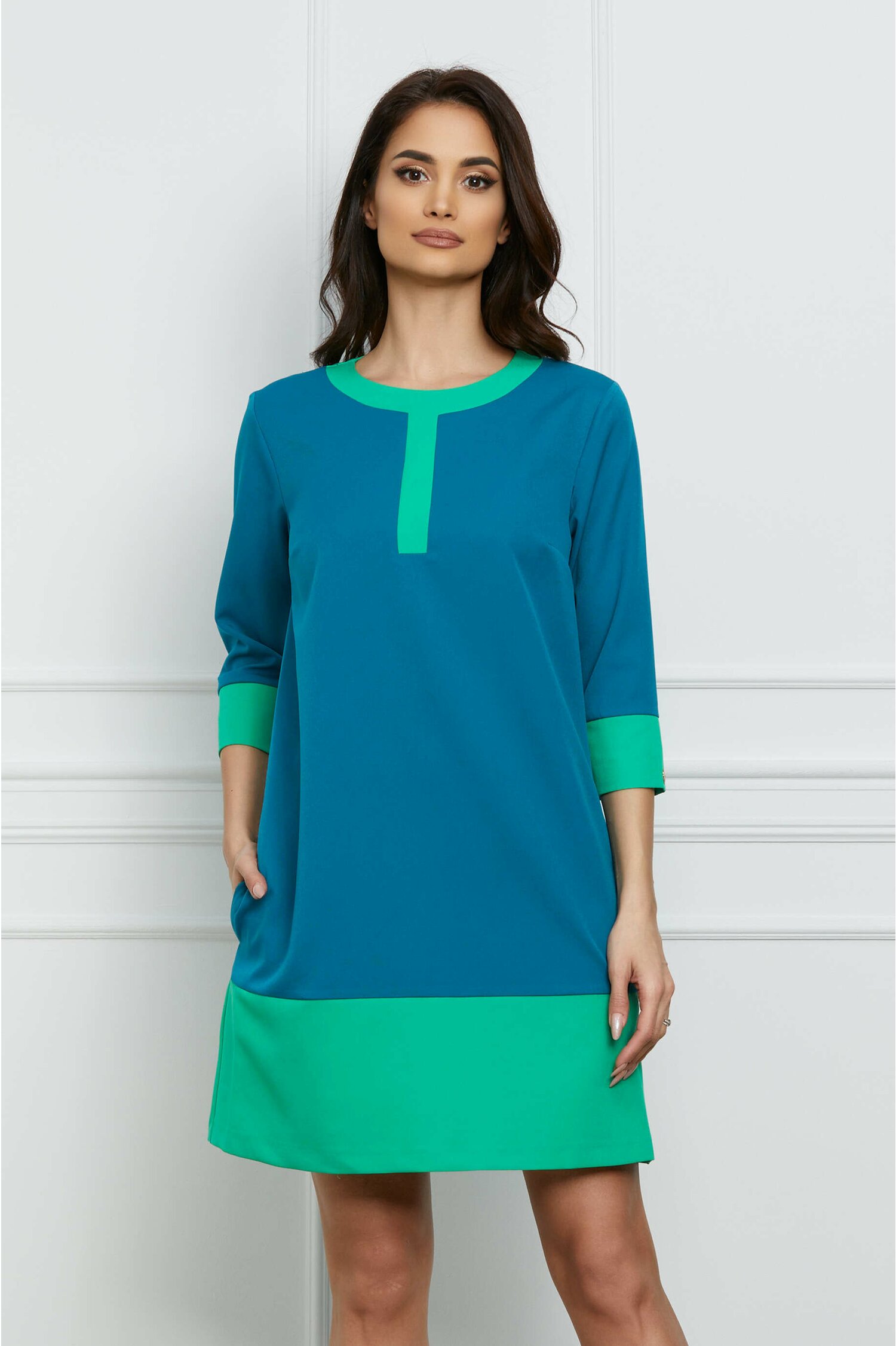 Rochie albastru-verde cu buzunare - Rochii-Dama.ro