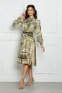 Rochie Dy Fashion bej din satin cu imprimeuri kaki si curea in talie