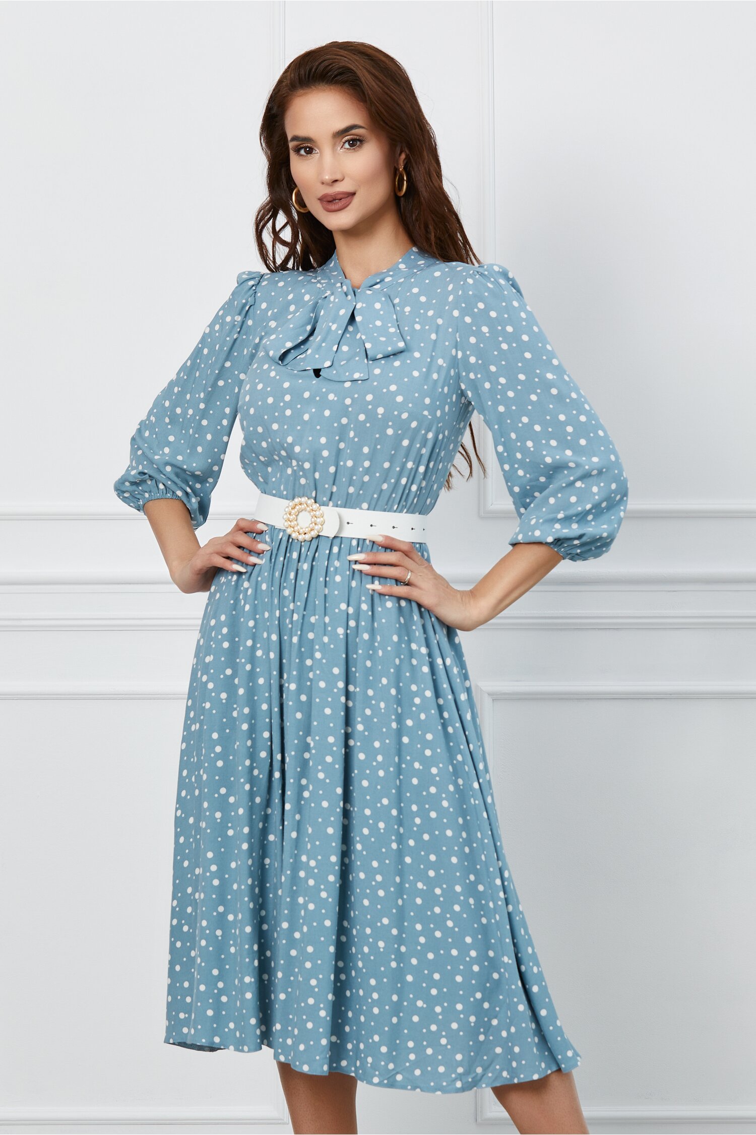 Rochie Dy Fashion bleu cu imprimeu buline albe