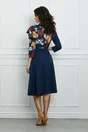 Rochie Dy Fashion bleumarin cu imprimeu floral si volan la bust