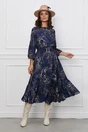 Rochie Dy Fashion bleumarin cu imprimeuri bej si curea in talie