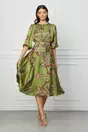 Rochie Dy Fashion din satin verde olive cu imprimeuri maro