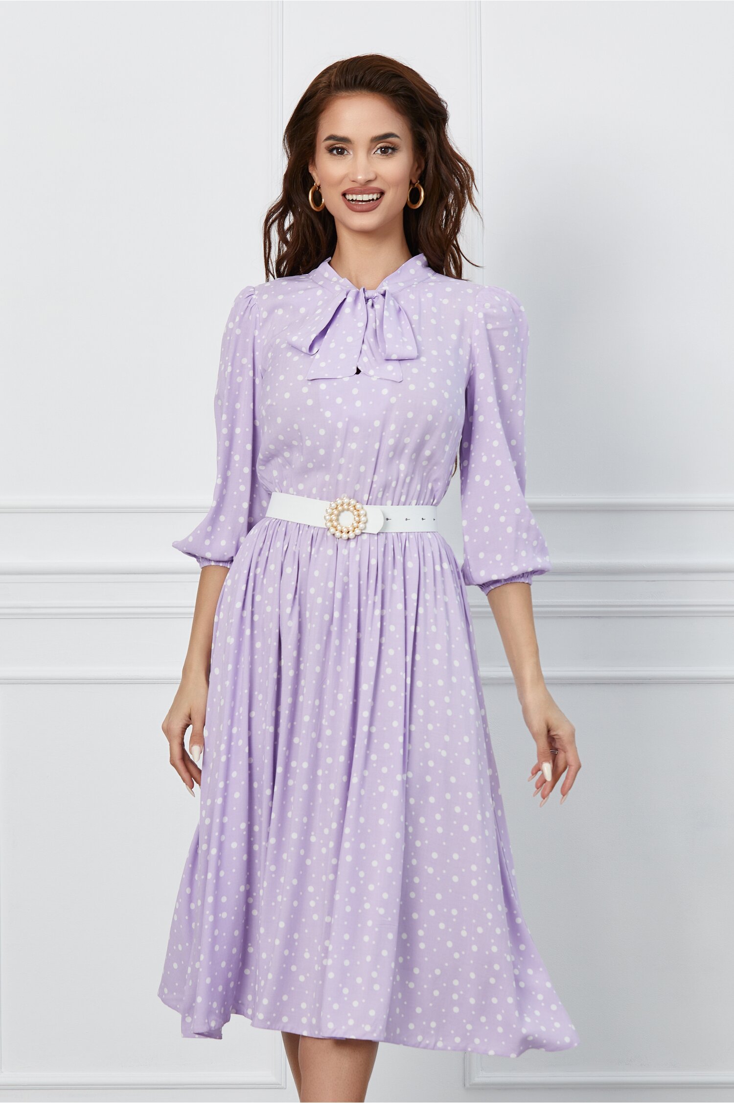 Rochie Dy Fashion lila cu imprimeu buline albe