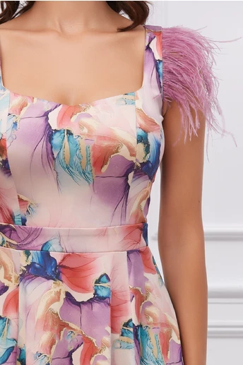 Rochie Dy Fashion lila cu imprimeuri corai si pene la umeri