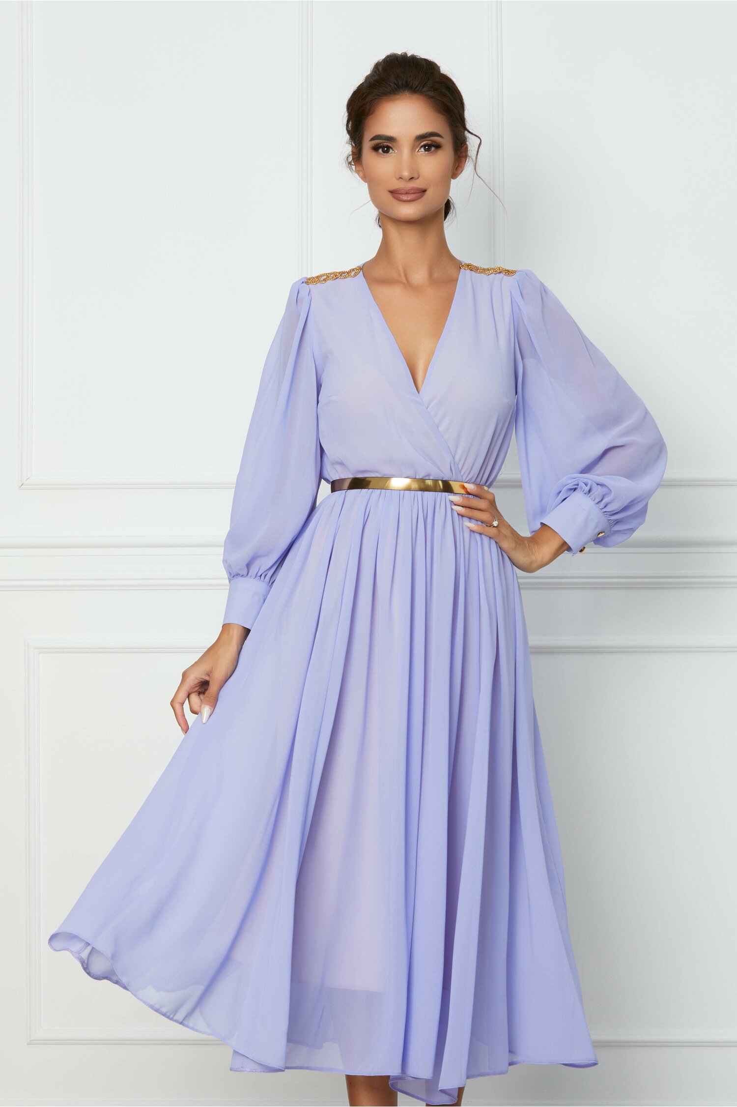 Rochie Dy Fashion midi lila cu accesorii pe umeri si curea in talie
