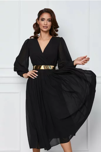Rochie Dy Fashion midi neagra cu accesorii pe umeri si curea in talie
