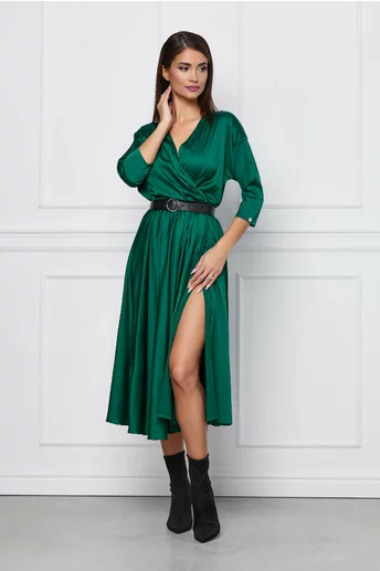 Rochie Dy Fashion midi verde cu crepeu si curea in talie