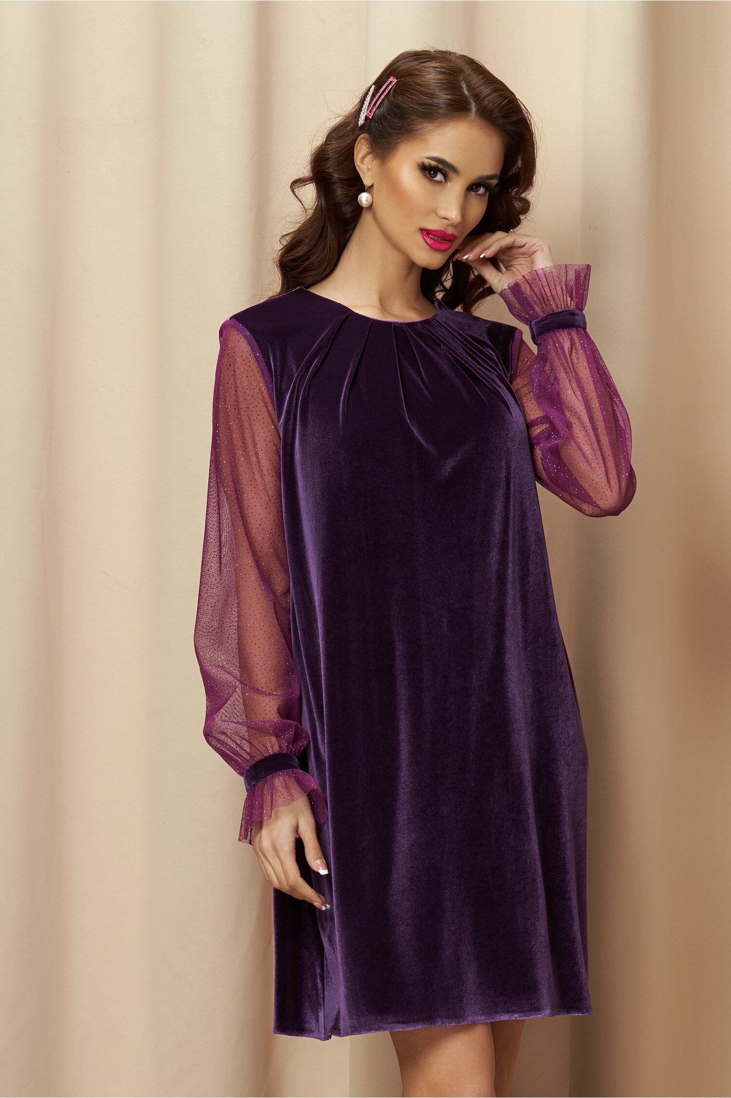 Rochie Dy Fashion mov lejera din catifea cu maneci din tull