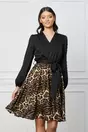 Rochie Dy Fashion neagra cu animal print maro pe fusta si cordon in talie