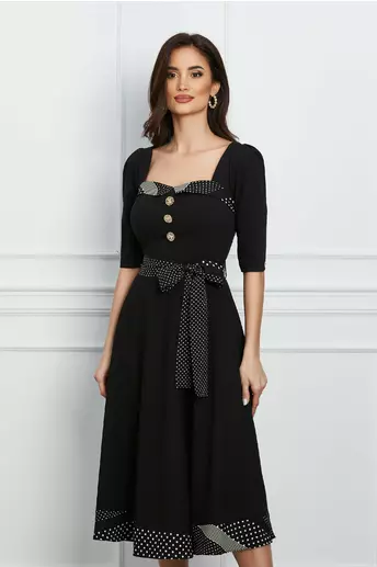 Rochie Dy Fashion neagra cu buline si cordon in talie