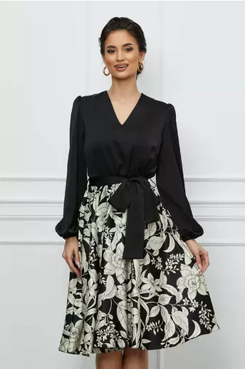 Rochie Dy Fashion neagra cu imprimeuri florale pe fusta si cordon in talie