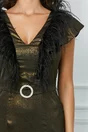 Rochie Dy Fashion neagra cu insertii din fir lurex auriu si pene la bust