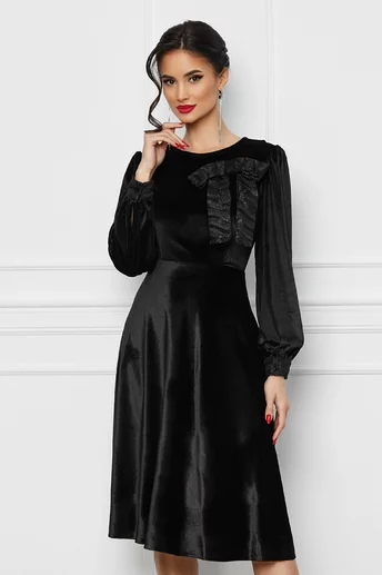 Rochie Dy Fashion neagra din catifea cu funda si mansete din dantela