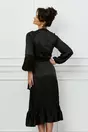 Rochie Dy fashion neagra din satin cu volan la baza si cordon in talie