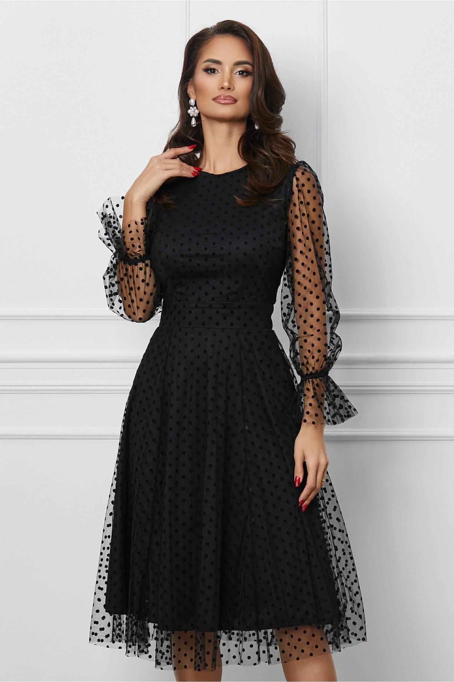 Rochie Dy Fashion neagra din tull cu buline catifelate