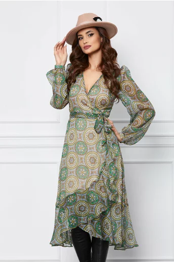 Rochie Dy Fashion petrecuta lila cu imprimeuri verde si volan la baza