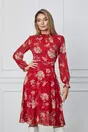 Rochie Dy Fashion rosie cu imprimeuri florale si guler incretit