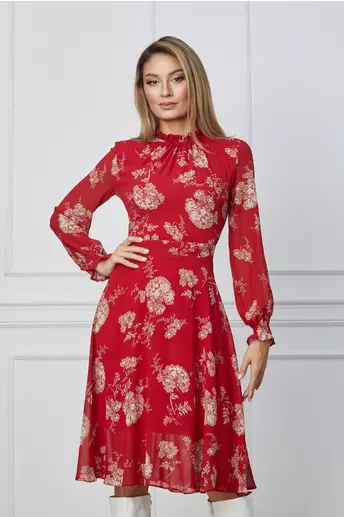 Rochie Dy Fashion rosie cu imprimeuri florale si guler incretit