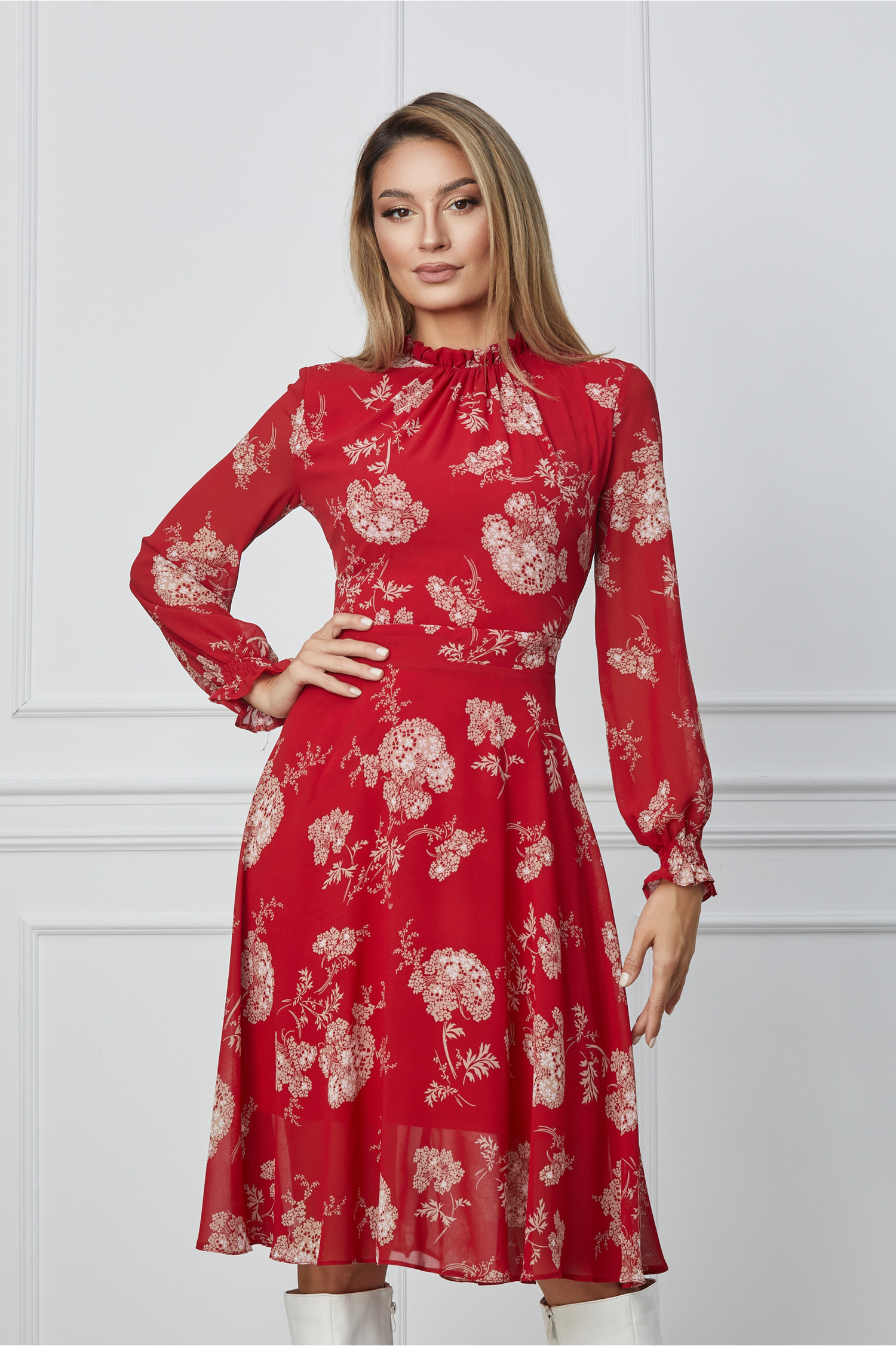 Rochie de zi Dy Fashion rosie cu imprimeuri florale si guler incretit