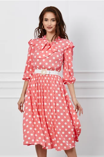 Rochie Dy Fashion roz cu buline si volanase la umeri