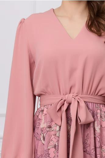 Rochie Dy Fashion roz cu imprimeu pe fusta si cordon in talie