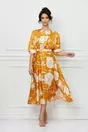 Rochie Dy Fashion satinata galbena cu imprimeuri florale