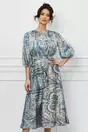 Rochie Dy Fashion satinata ivory cu imprimeuri albastre