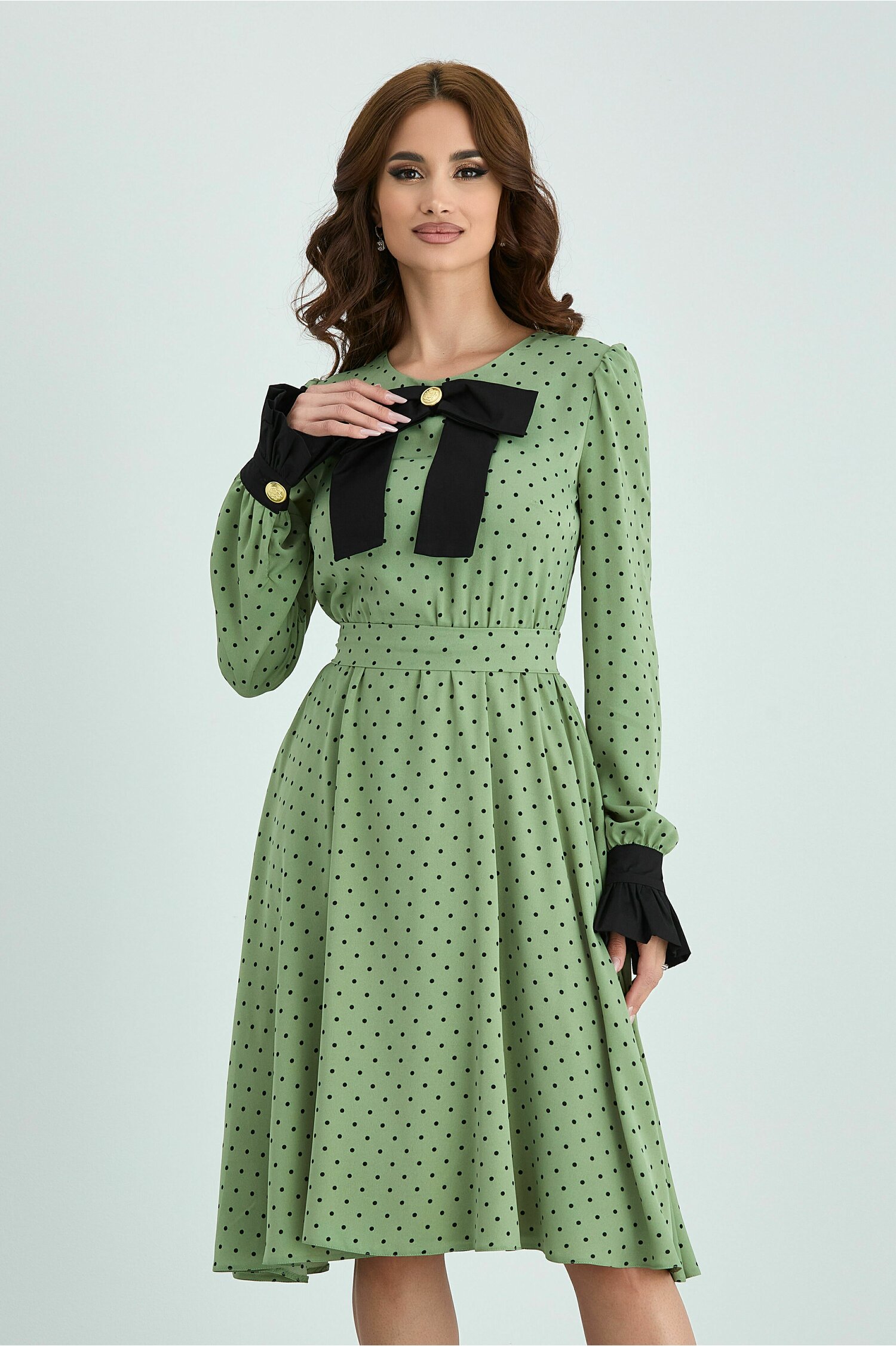 Rochie Dy Fashion verde cu buline si mansete negre dyfashion.ro imagine 2022 13clothing.ro