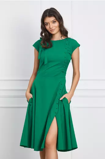 Rochie Dy Fashion verde cu funda si nasturi