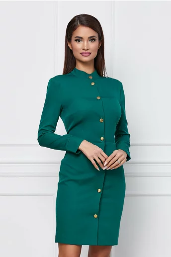 Rochie Dy Fashion verde cu guler tunica si nasturi aurii