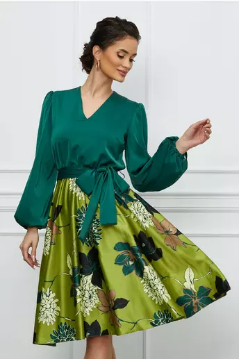 Rochie Dy Fashion verde cu imprimeuri florale pe fusta si cordon in talie
