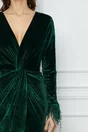 Rochie Dy Fashion verde din catifea cu nod in talie si pene la maneci