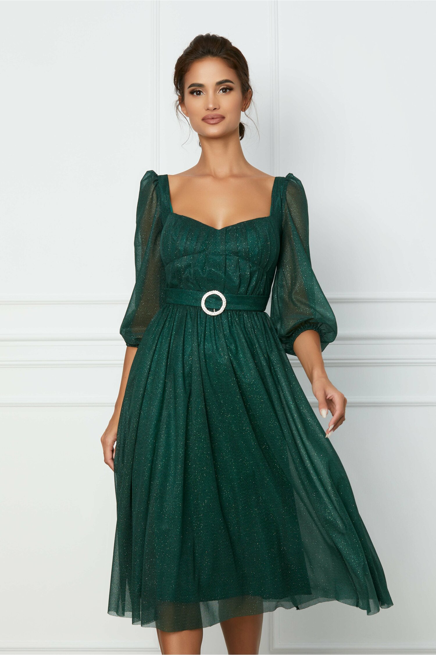 Rochie Dy Fashion verde din lurex cu aplicatie in talie