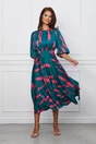 Rochie Dy Fashion verde din satin cu imprimeu fucsia si pliuri la bust