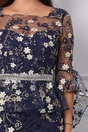 Rochie eleganta bleumarin cu broderie florala bej