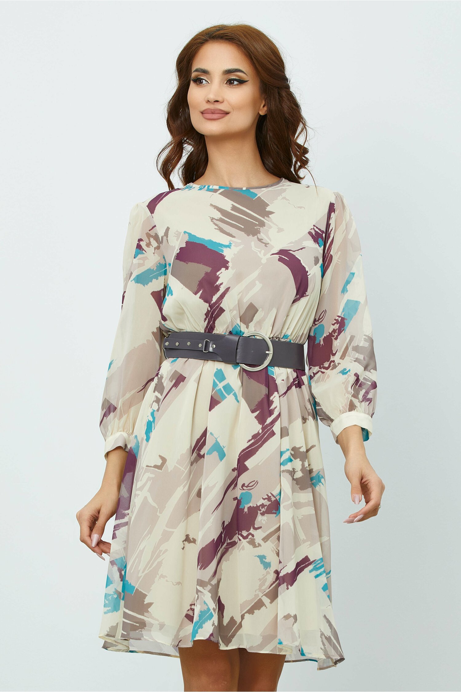 Rochie Elena ivory cu imprimeu mov-turcoaz