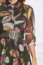 Rochie Elena kaki cu imprimeuri florale lila si nasturi la bust