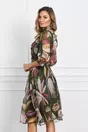 Rochie Elena kaki cu imprimeuri florale lila si nasturi la bust