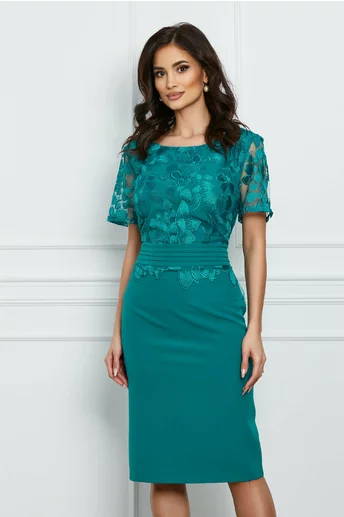 Rochie Elisa turcoaz cu dantela la bust